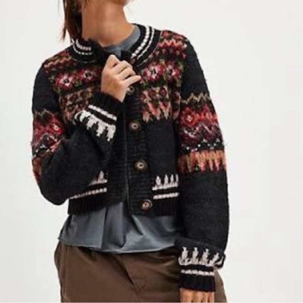 Free People Black Mille Fair Isle Knit Button Cardigan